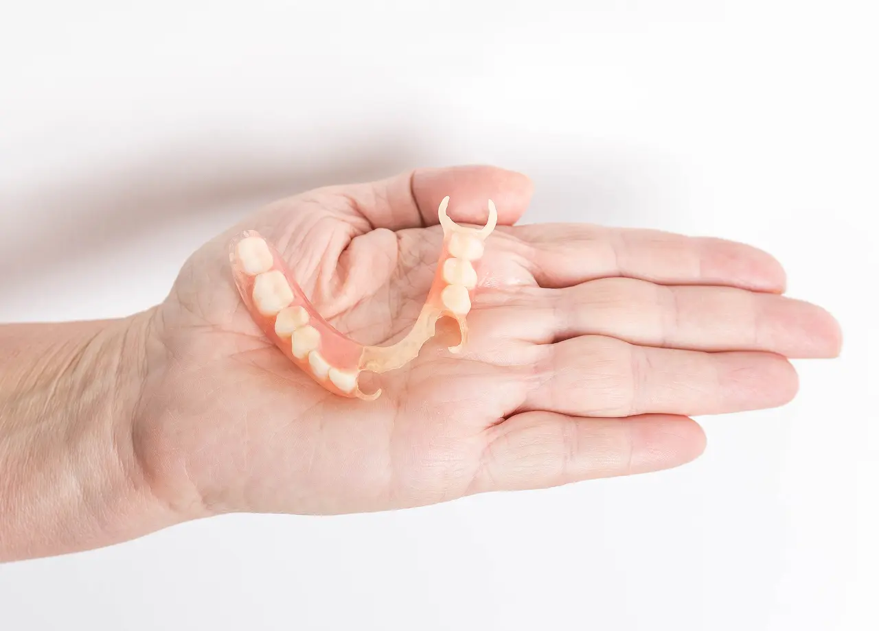 Hand holding a dental partial denture.